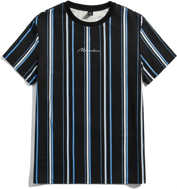 Men Striped Round Neck Reversible Polyester Blue T-Shirt