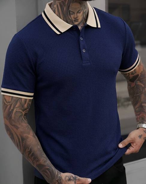 Striped Men Polo Neck Cotton Blend Blue, Beige T-Shirt