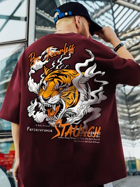Jump Cuts Men Printed, Typography Round Neck Cotton Blend Maroon