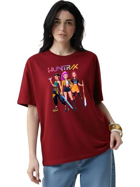 BELTLY Women Printed Round Neck Cotton Blend Maroon T-Shirt