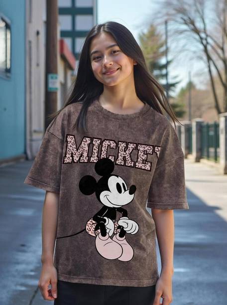 Mickey Women Graphic Print Round Neck Pure Cotton Brown T-Shirt