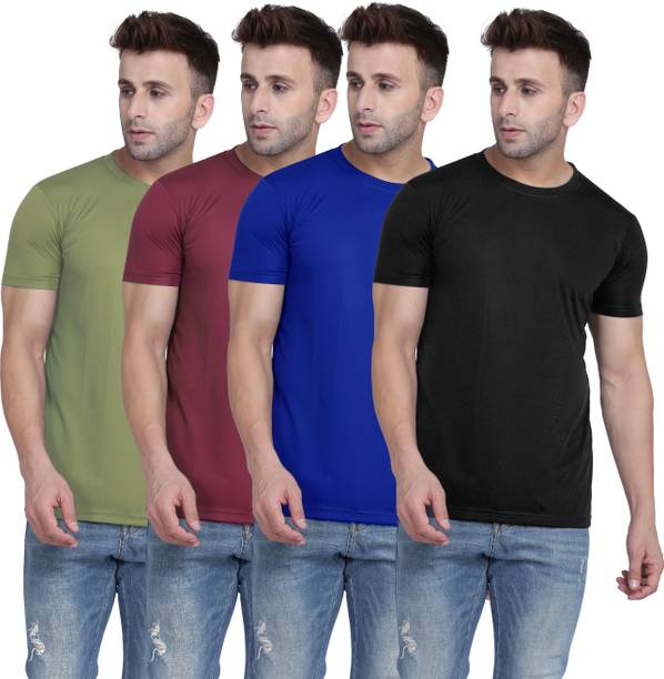Pack of 4 Men Solid Round Neck Polyester Light Green, Maroon, Blue, Black T-Shirt