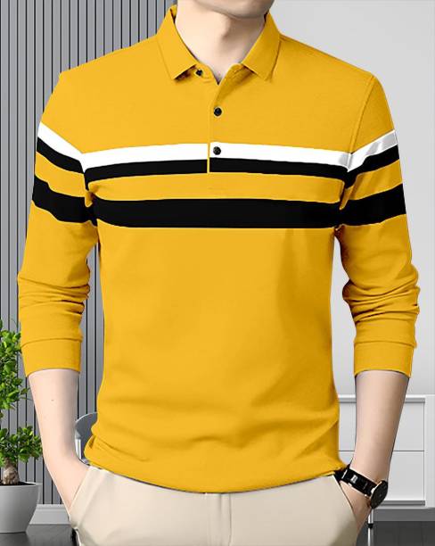 Men Colorblock Polo Neck Cotton Blend Yellow, Black, White T-Shirt Price in India