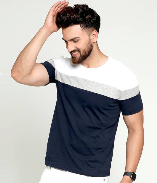 AUSK Men Colorblock Round Neck Cotton Blend White, Blue, Grey T-S