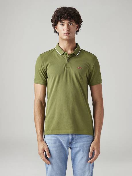 LEVI'S Men Solid Polo Neck Pure Cotton Green T-Shirt