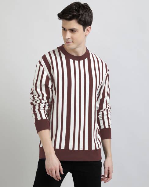 Men Striped Round Neck Pure Cotton Maroon T-Shirt Price in India