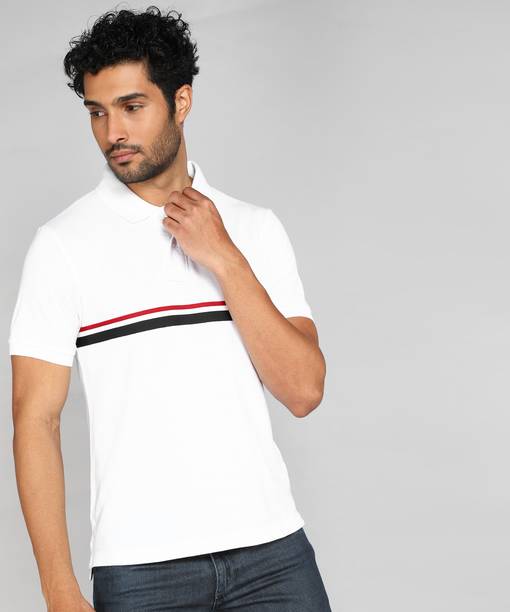 Men Striped Polo Neck Pure Cotton White T-Shirt
