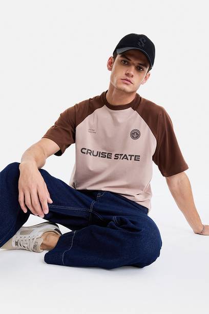 Men Graphic Print Crew Neck Cotton Blend Beige T-Shirt