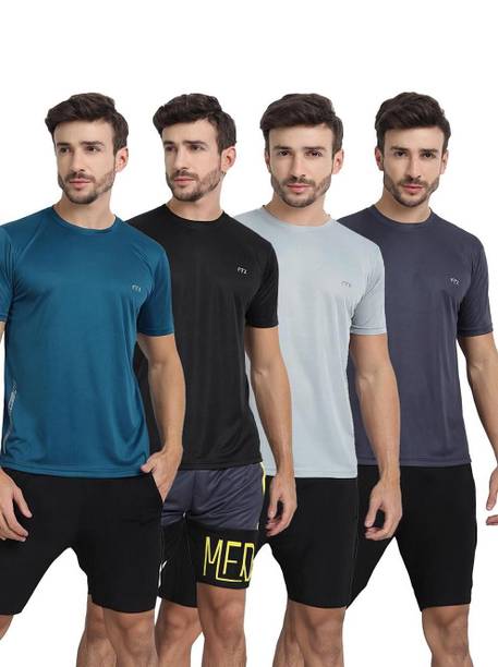 Pack of 4 Men Solid Round Neck Polyester Silver, Blue, Black, Grey T-Shirt