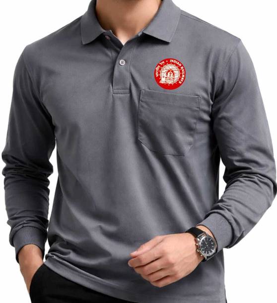 Men Solid, Graphic Print Polo Neck Polyester Grey T-Shirt