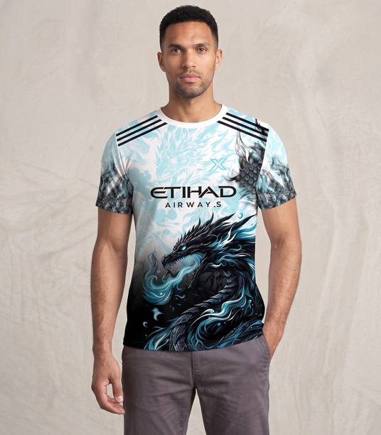 Men Graphic Print Round Neck Polyester Light Blue T-Shirt