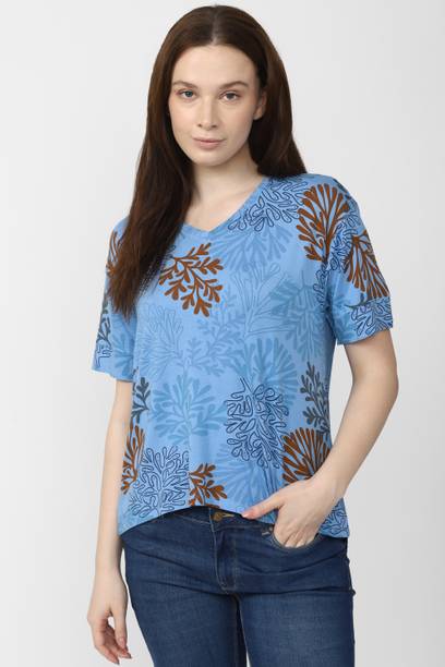 Women Printed Cowl Neck Viscose Rayon Light Blue T-Shirt