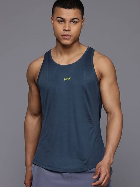 Men Solid Racerback Polyester Blue T-Shirt