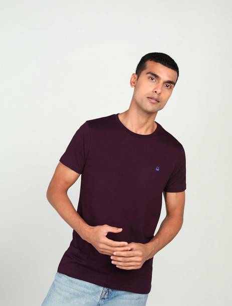 Men Solid Round Neck Cotton Blend Purple T-Shirt