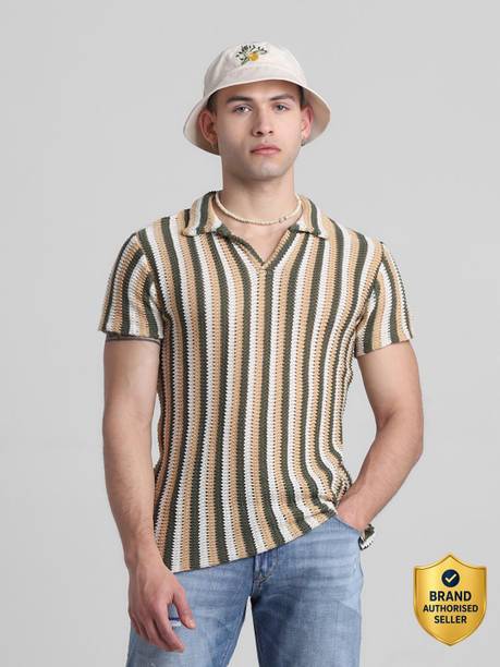 JACK & JONES Men Striped Polo Neck Cotton Blend Green T-Shirt