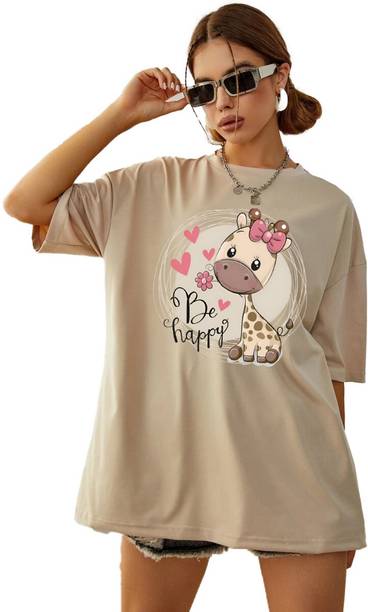 BELTLY Women Graphic Print Round Neck Pure Cotton Beige T-Shirt
