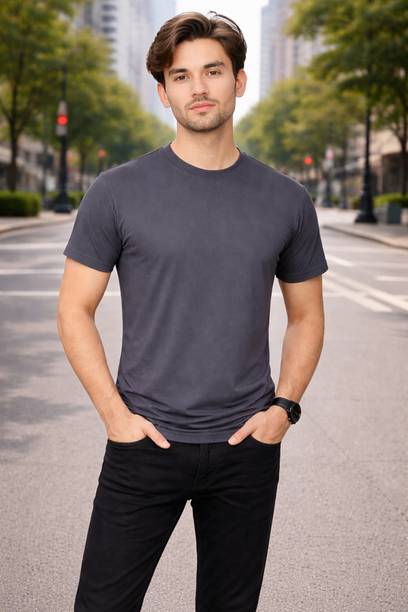 Moda Rapido Men Self Design, Solid Round Neck Polyester Grey T-Shirt