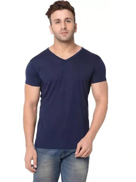 Men Solid V Neck Polyester Dark Blue T-Shirt