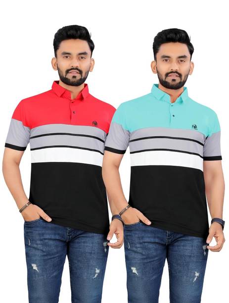 Pack of 2 Men Striped Polo Neck Cotton Blend Red, Light Blue T-Shirt