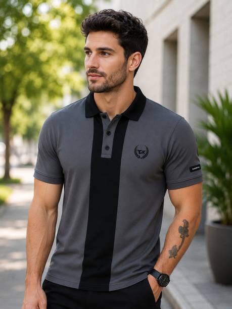 Men Colorblock Polo Neck Polycotton Grey T-Shirt