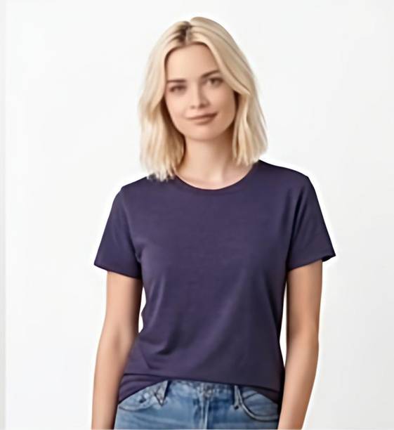 Women Solid Round Neck Polyester Purple T-Shirt
