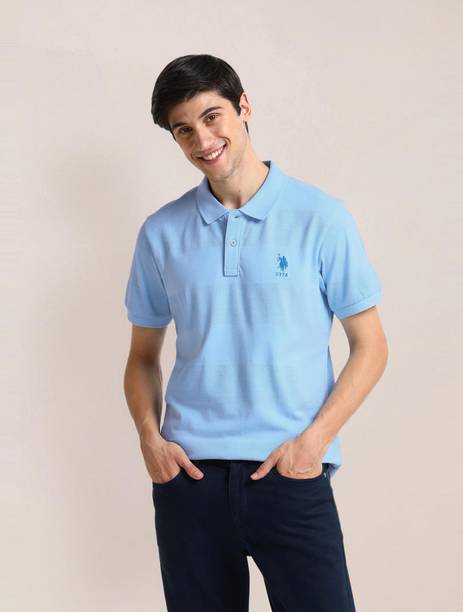 Men Striped Polo Neck Cotton Blend Blue T-Shirt