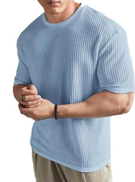 Men Self Design Round Neck Polycotton Blue T-Shirt