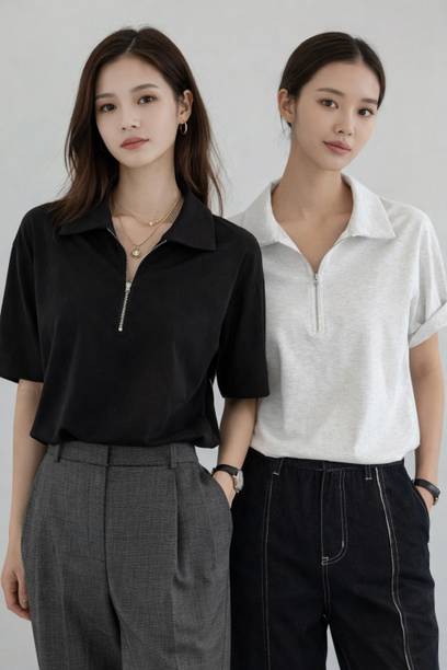 Pack of 2 Women Solid Polo Neck Reversible Cotton Blend Black, White T-Shirt