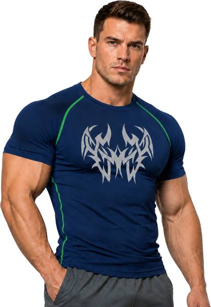 GYMIFIC Men Printed Round Neck Polyester Navy Blue T-Shirt