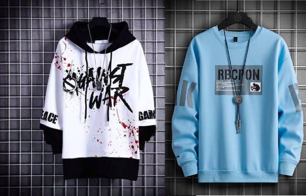 Pack of 2 Men Colorblock Hooded Neck Cotton Blend White, Light Blue T-Shirt