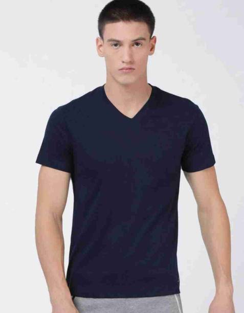 Men Solid V Neck Cotton Blend Navy Blue T-Shirt