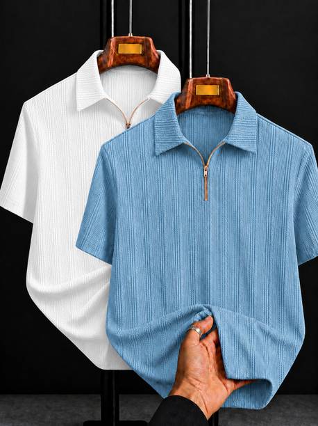 COMBRAIDED - Pack of 2 Men Self Design Polo Neck Polycotton White, Light Blue T-Shirt