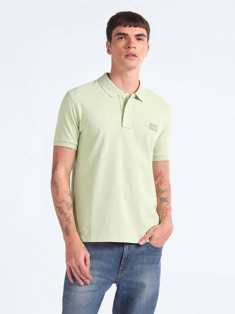 Men Striped Polo Neck Cotton Blend Green T-Shirt