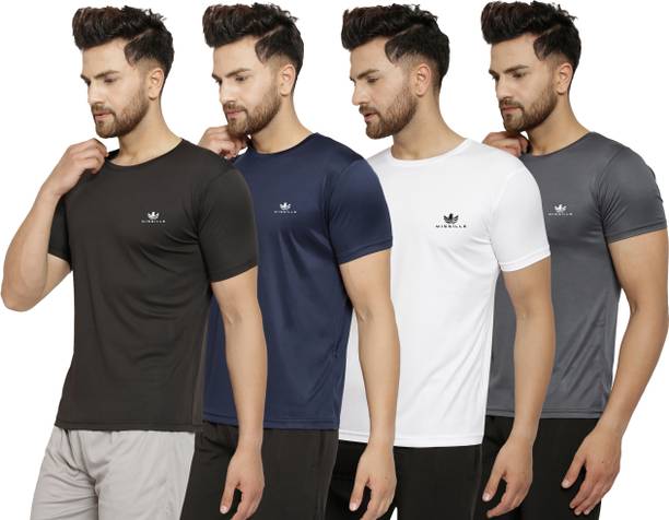 MISSILLE Pack of 4 Men Solid Round Neck Polyester Black, Navy Blue, White, Grey T-Shirt