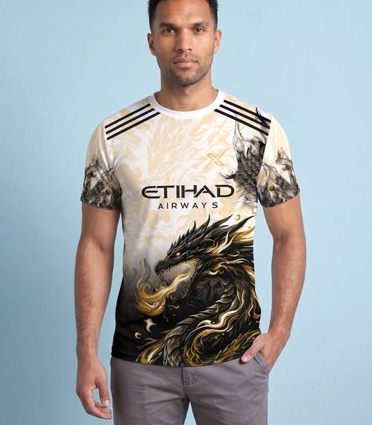 Men Graphic Print Round Neck Polyester Beige T-Shirt