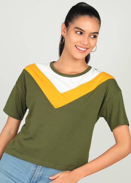 METRONAUT By Flipkart Colorblock Women Round Neck Cotton Blend Dark Green T-S...