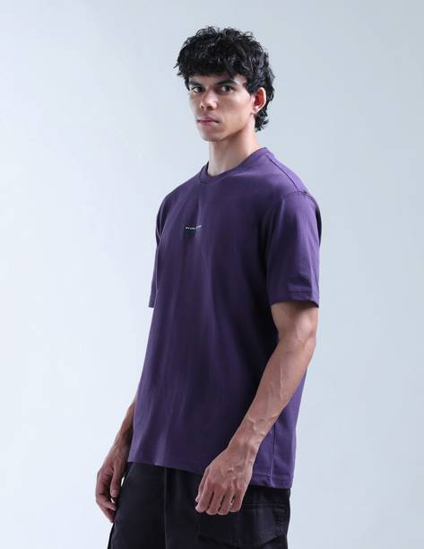 Men Typography Crew Neck Pure Cotton Purple T-Shirt