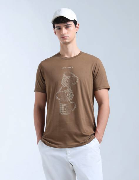 Men Graphic Print Crew Neck Pure Cotton Brown T-Shirt