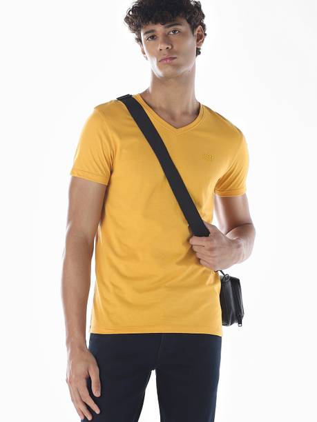 Men Solid V Neck Cotton Blend Yellow T-Shirt