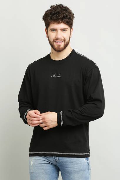 ALMUDA Men Solid Round Neck Pure Cotton Black T-Shirt