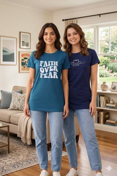 Pack of 2 Women Printed Round Neck Cotton Blend Dark Blue, Navy Blue T-Shirt