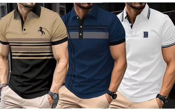 Pack of 3 Men Printed Polo Neck Cotton Blend Multicolor T-Shirt