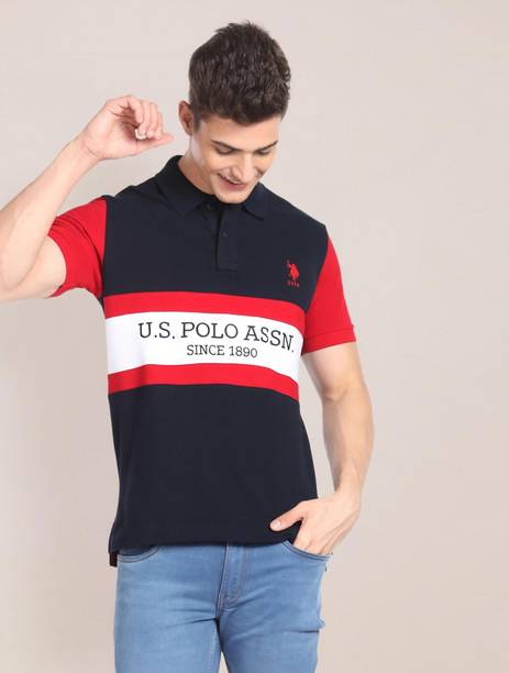 Men Colorblock Polo Neck Pure Cotton Navy Blue, White, Red T-Shirt