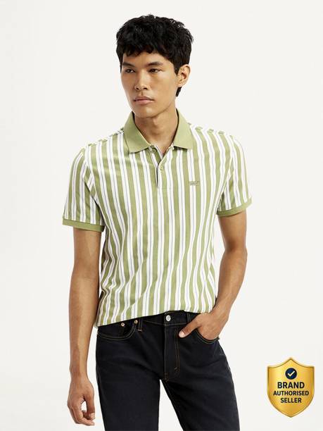LEVI'S Men Striped Polo Neck Pure Cotton Green T-Shirt