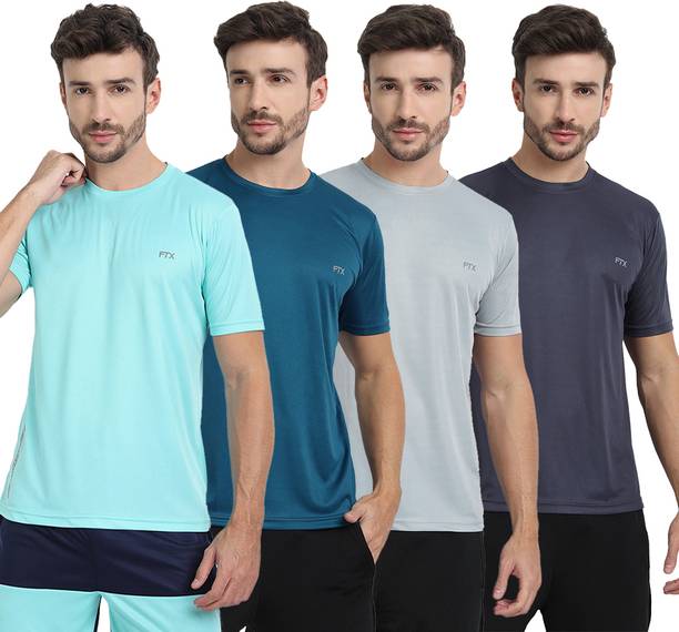 FTX Pack of 4 Men Solid Round Neck Polyester Multicolor T-Shirt