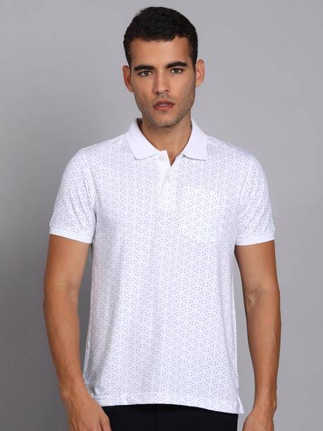Men Printed Polo Neck Cotton Blend White T-Shirt