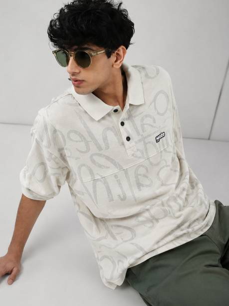 Men Printed Polo Neck Cotton Blend White, Grey T-Shirt