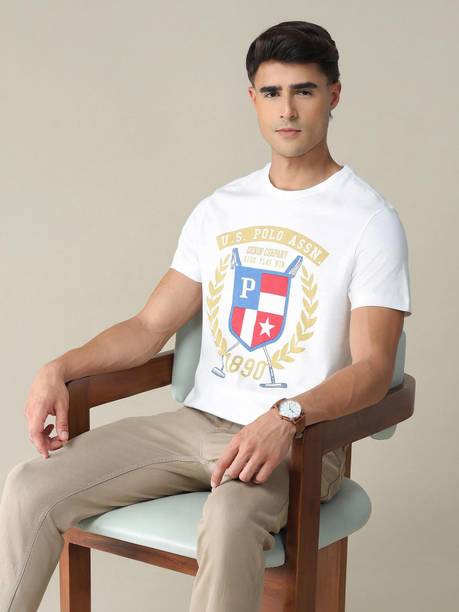 Men Printed, Typography Round Neck Cotton Blend White T-Shirt