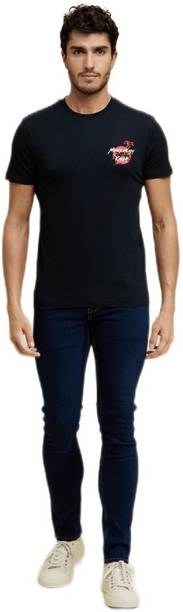 LBEMHK01 Men Printed Round Neck Pure Cotton Black T-Shirt