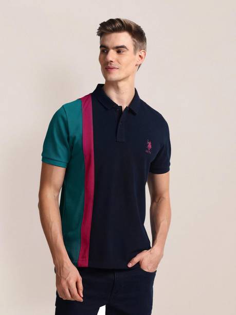 Men Colorblock Polo Neck Cotton Blend Blue T-Shirt